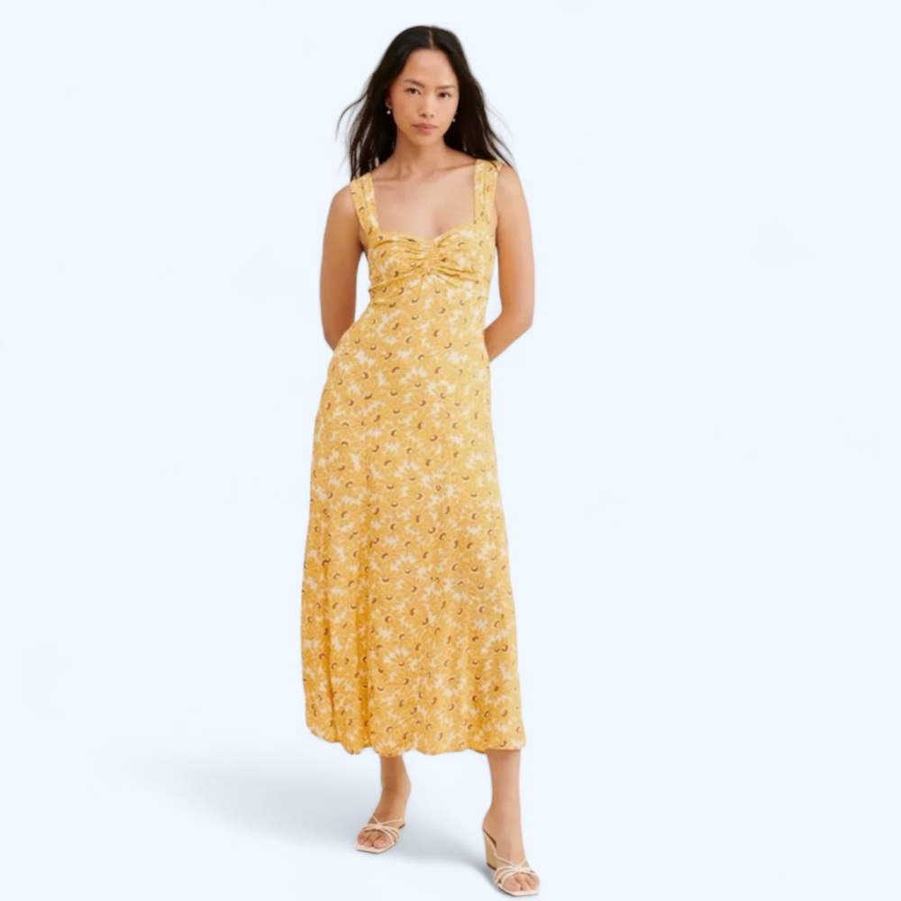 Free People Rosalee Printed Yellow Floral Summer Midi Dress Size Extra Small